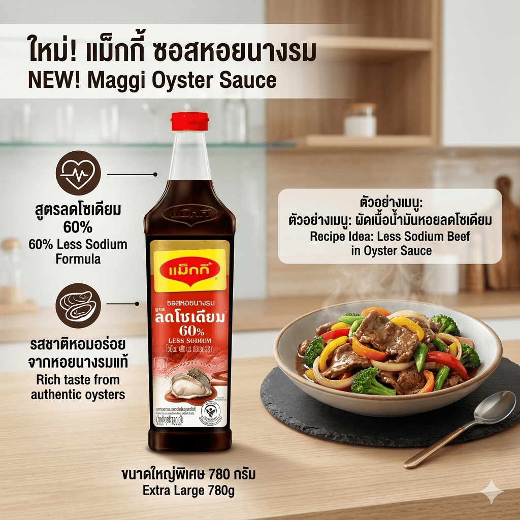 แม็กกี้ ซอสหอยนางรม สูตรลดโซเดียม 60% ขนาด 780 กรัม ซอสหอยรสเข้มข้น กลมกล่อม ทางเลือกเพื่อสุขภาพ คุมเค็ม ของแท้ 100%