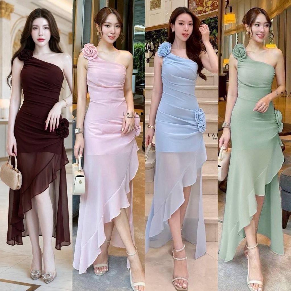 ❣️พร้อมส่ง📌 LALADA เดรสไหล่เฉียง แต่งดอกไม้ สีชมพู ใส่ออกงาน งานแต่ง เพื่อนเจ้าสาว ปาร์ตี้ PS.CLOSET