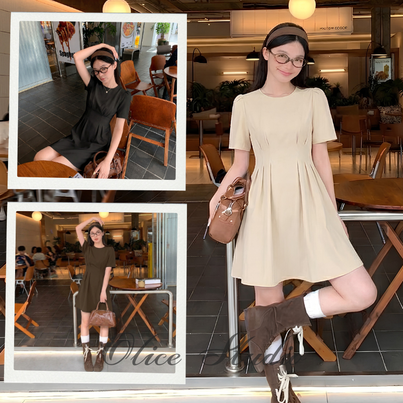 [S-5XL] ชุดเดรสผู้หญิง แต่งจีบ สีพื้น สไตล์ลำลอง แฟชั่นชุดเดรสไซส์ใหญ่ สีพื้น เดรสสั้นเข้ารูป แขนพอง