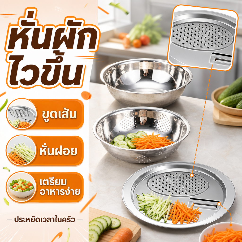 เซ็ต 3 ใบ ชามสแตนเลสพร้อมที่ขูดผัก – แห้วคม 5 ฟังก์ชั่น! (ขูด/หั่น/ตัก/沥/ปรุง）