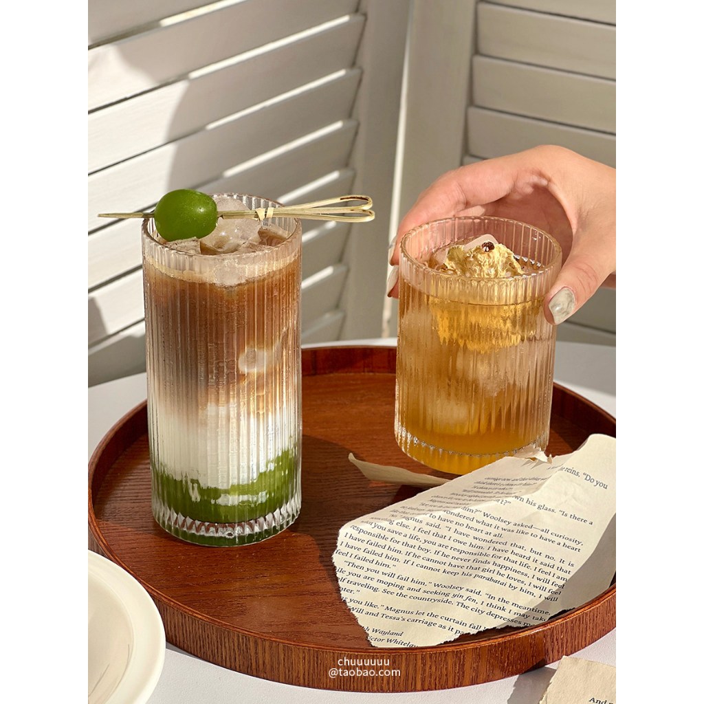 แก้วลายตั้งทรงเท่ สไตล์ IG แก้วน้ำ ดื่มโกบเล็ต ค็อกเทล โซดา โมคิโต้ แก้วกาแฟ แก้วน้ำ ดีไซน์มินิมอล ทนทาน 280มล./400มล.