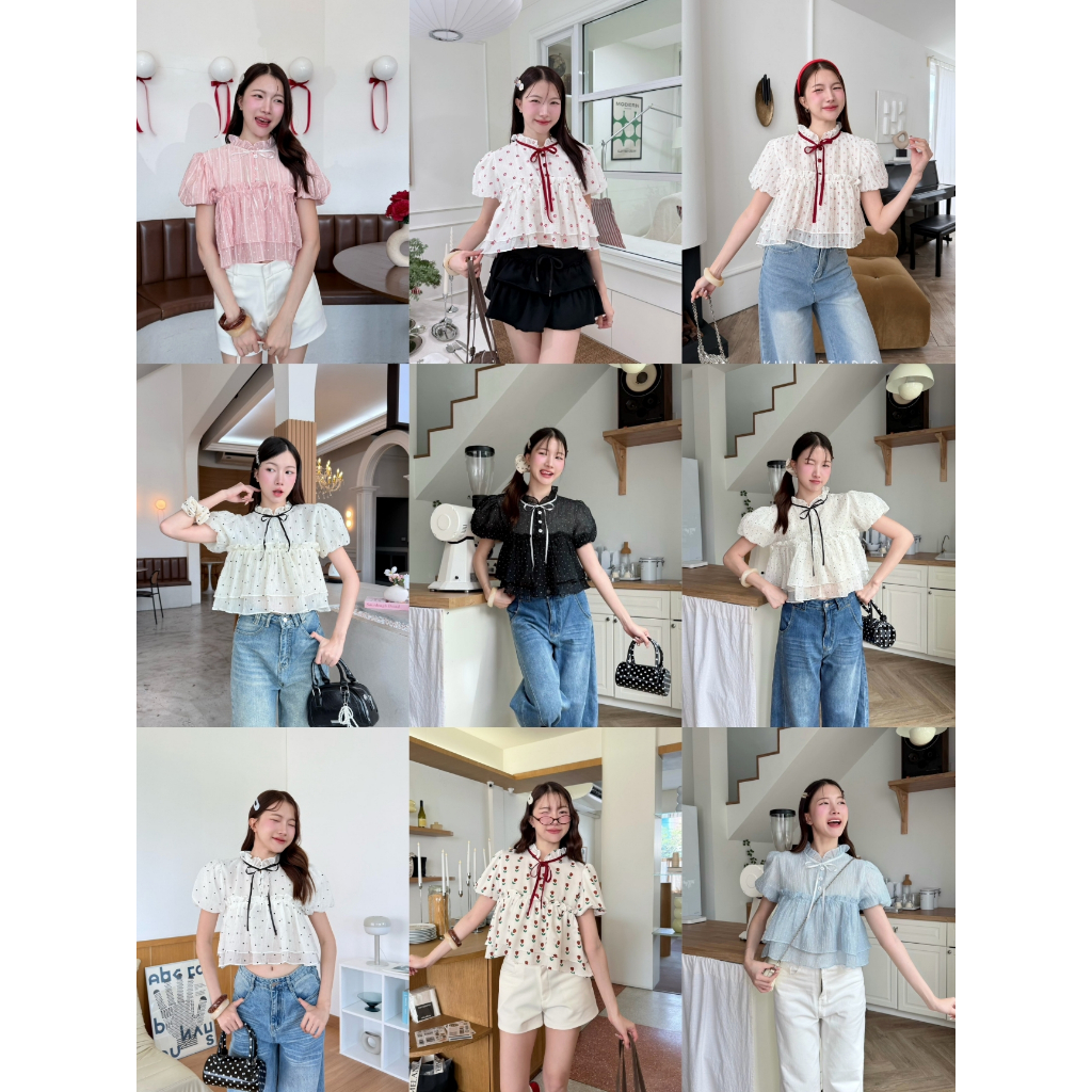 maybeshop🦋เสื้อคอระบายแต่งกระดุมผูกโบว์แขนจั๊ม