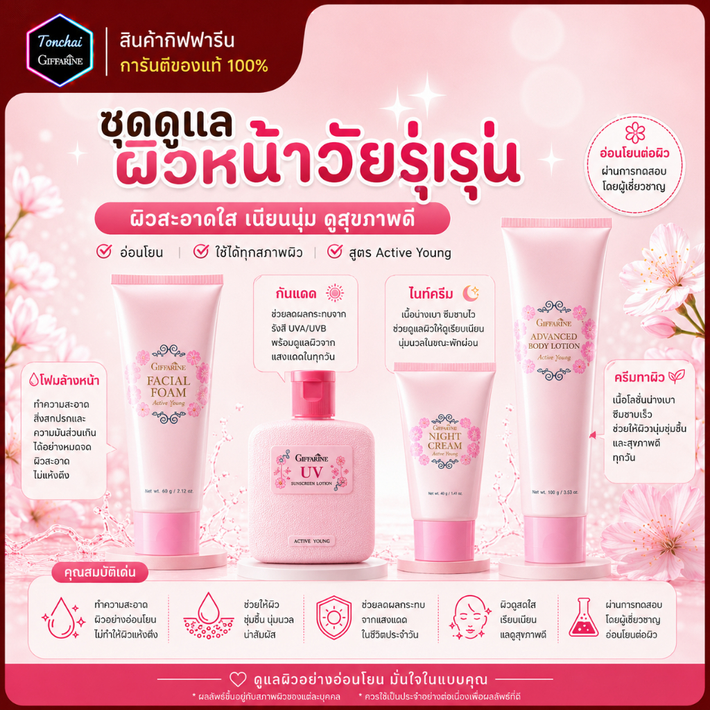 เซตดูแลผิวเด็ก แอคทีฟยัง กิฟฟารีน ชุดถนอมดูแลผิวหน้า โฟมล้างหน้า โลชั่นกันแดด อย่างอ่อนโยน ปกป้องผิวกาย ครีมบำรุงผิวกาย
