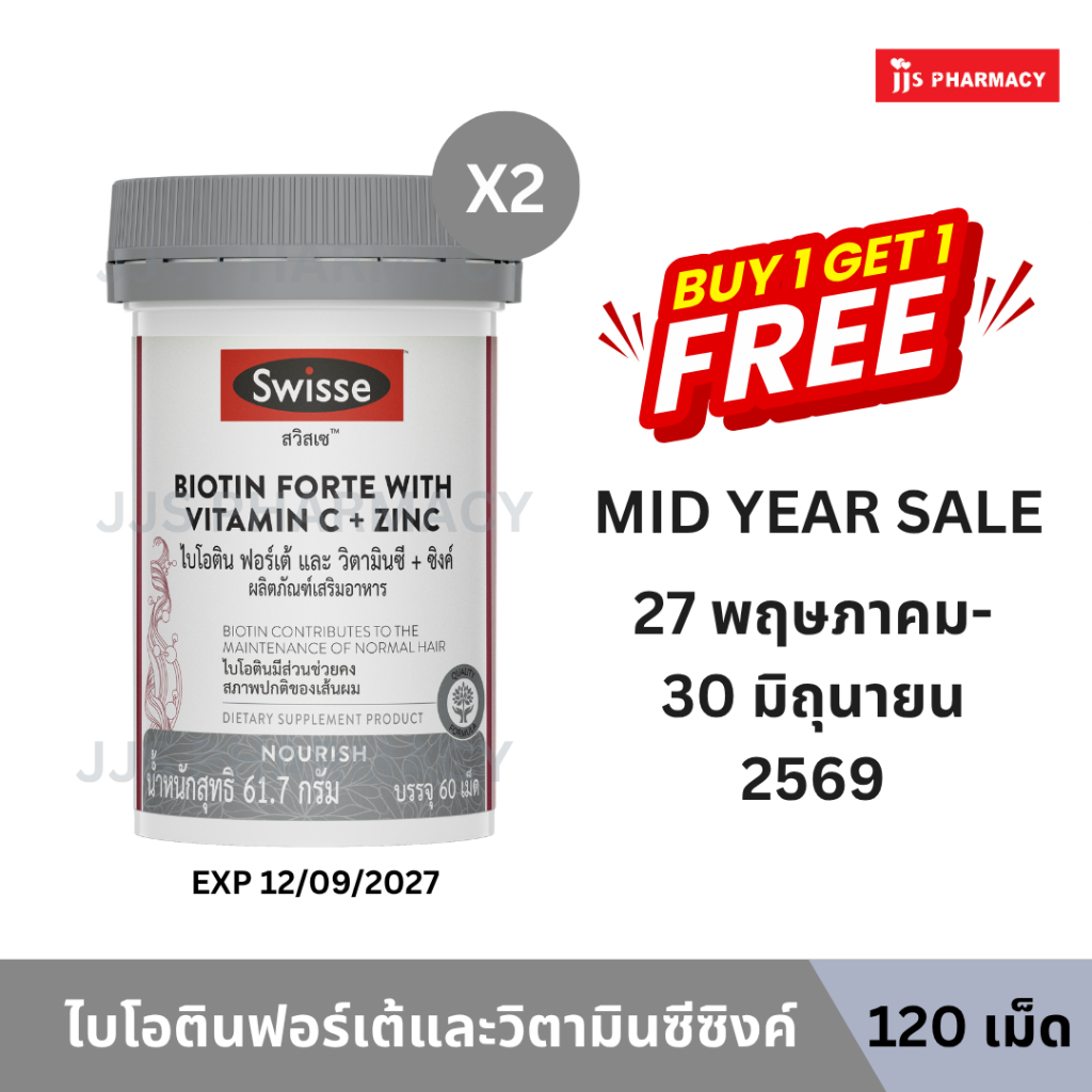 [1แถม1](หมดอายุ 2/9/27) SWISSE BIOTIN FORTE WITH VITAMIN C + ZINC สวิสเซไบโอตินฟอร์เต้และวิตามินซีซิงค์ 60เม็ด