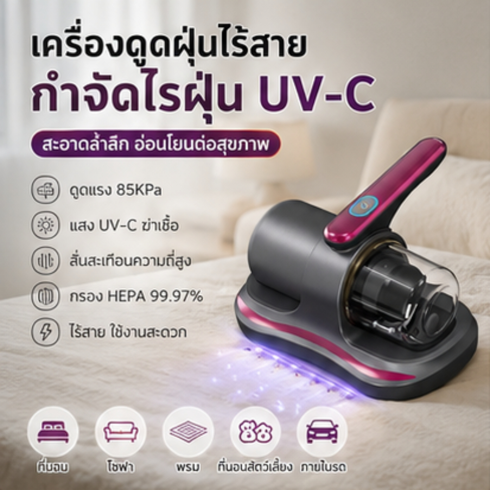 เครื่องดูดไรฝุ่นและฆ่าเชื้อโรคแบบไร้สาย พร้อมแสง UV และแรงดูด 85KPa สำหรับที่นอน โซฟา พรม