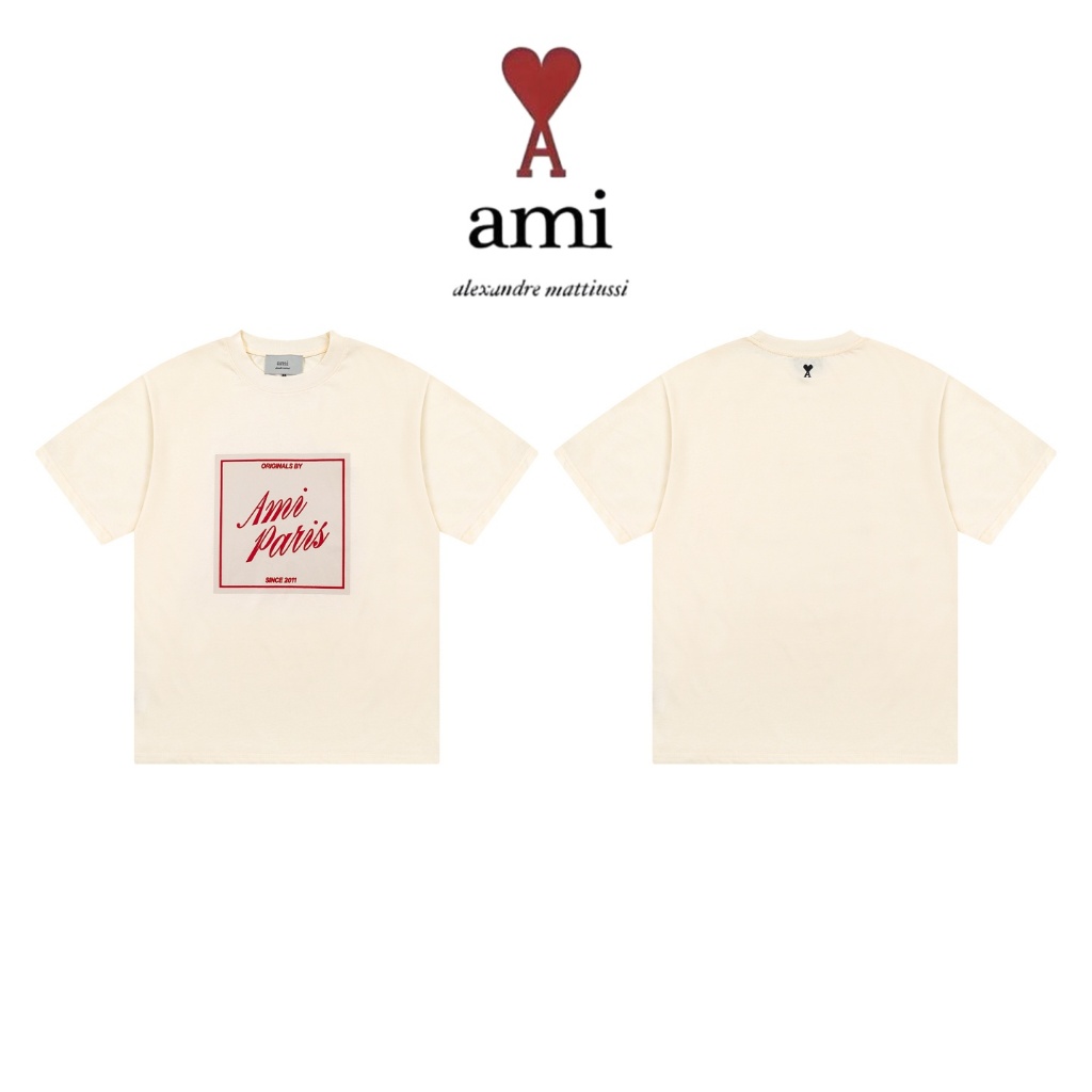 『AMI Paris』Unisex พิมพ์วินเทจ ADC หัวใจกว้างพิมพ์เสื้อยืดคอหลังเย็บปักถักร้อย ของแท้💯
