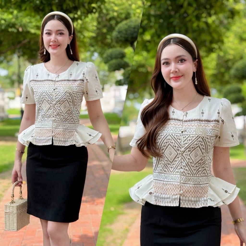 เสื้อผู้หญิงเสื้อผ้าไทยงานผ้าฝ้ายเนื้อนุ่มใส่สบายกะดุมมุขแขนตุ้กตาน่ารักผ้าไม่หดสีไม่ตกทรงสวยเข้ารูป