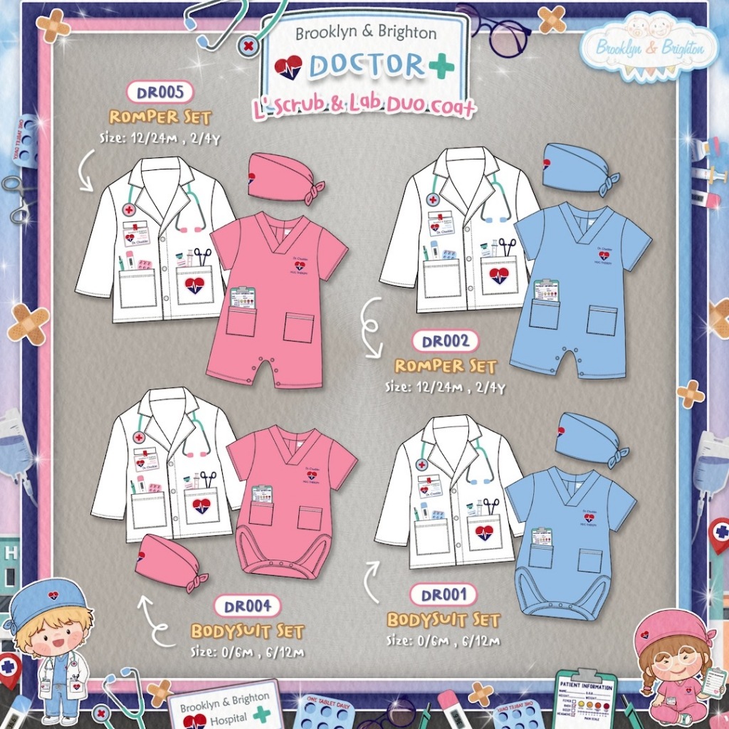 Brooklyn & Brighton - Doctor Scrubs & Duo Lab Coat ชุดคุณหมอ Bodysuit & Romper เด็กผู้ชายและเด็กผู้หญิง