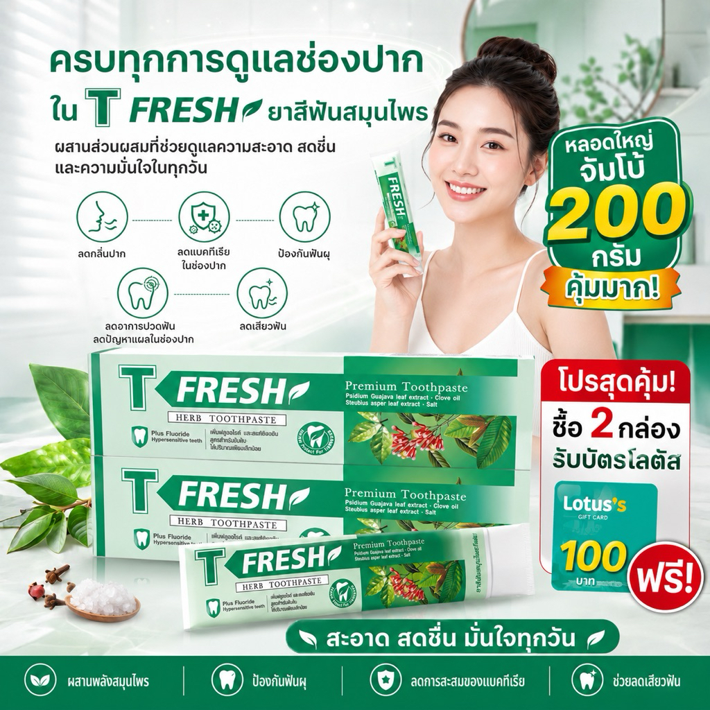 [โปรแถมบัตรโลตัส]T FRESH ยาสีฟันสมุนไพรพรีเมียม สดชื่น ลดการเสียวฟัน + ฟลูออไรด์ ป้องกันฟันผุ ลดกลิ่นปาก ( 200g )
