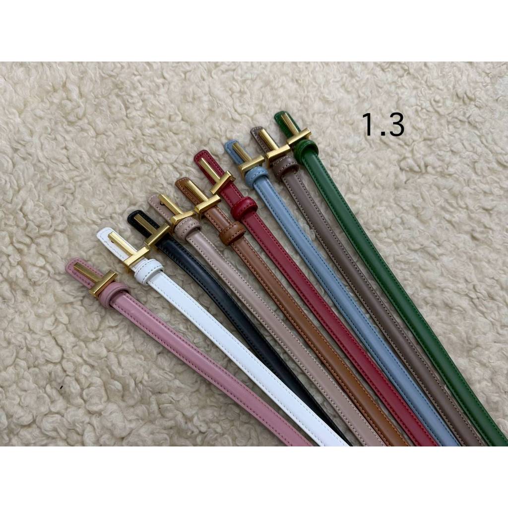 LK527 เข็มขัดฟรีไซซ์หัวตัว T สีทอง เรียบหรูมินิมอล หน้ากว้าง 1.3 ซม. เอว 28–37 นิ้ว ใส่เดรส ใส่กางเกง