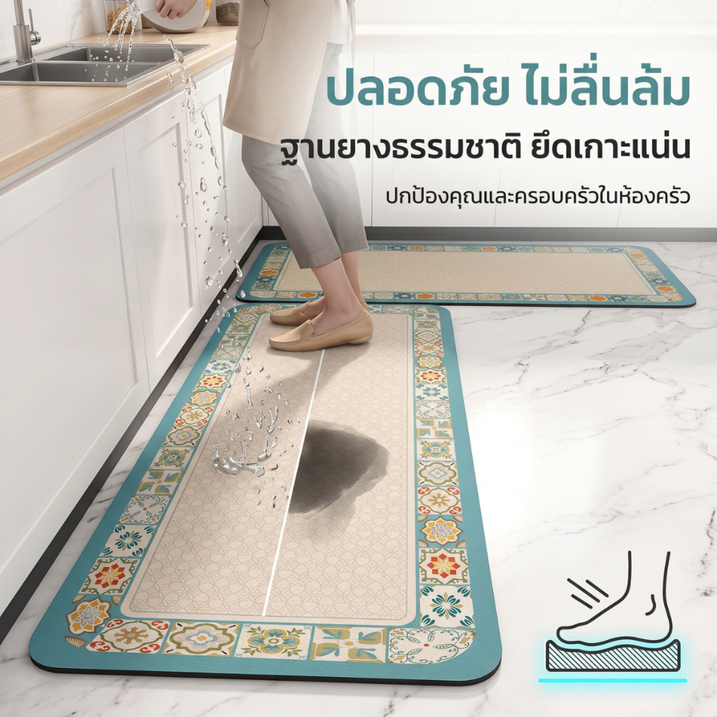 พรมห้องครัว พรมกันลื่น พรมซับน้ำ พรมยาวหน้าซิงค์ ลายวินเทจ ฐานยางธรรมชาติ กันน้ำ กันคราบ เช็ดง่าย ใช้ได้หลายจุดในบ้าน