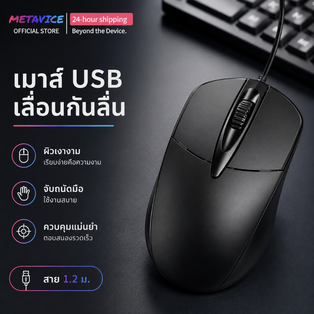 Metavice เมาส์มีสาย USB สำหรับทำงาน ใช้กับโน้ตบุ๊ค/คอมตั้งโต๊ะ ได้ทุกเครื่อง ใช้ในบ้าน ราคาถูก คุ้มค่า ME021