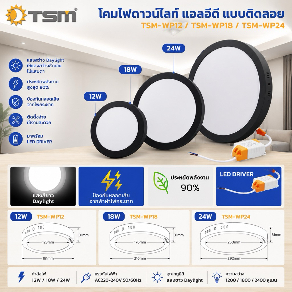 TSMโคมไฟดาวน์ไลท์ แบบติดลอย LED 12W 18W 24W แสงขาว ไฟพาแนล โคมไฟเพดานแบบลอยไฟ