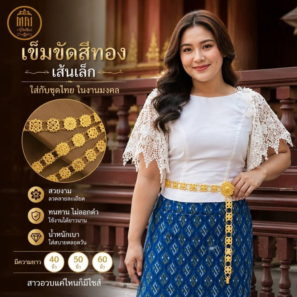 เข็มขัดใส่กับผ้าไทย เข็มขัดสีทอง