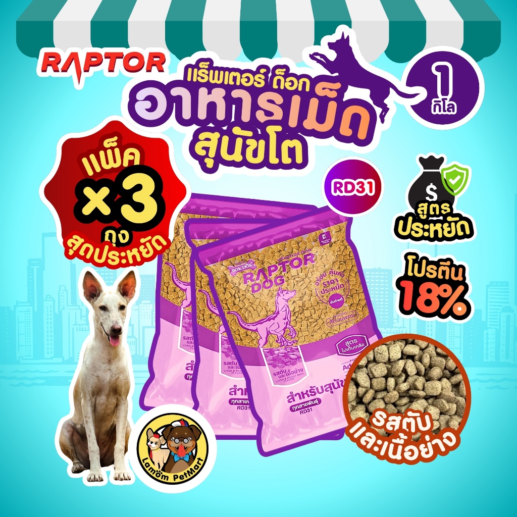 (แพ็ค X 3 KG.) RAPTOR DOG อาหารเม็ดสุนัขโต RD31 (รสตับและเนื้อย่าง) ประหยัด ไม่เติมเกลือ โปรตีน18%