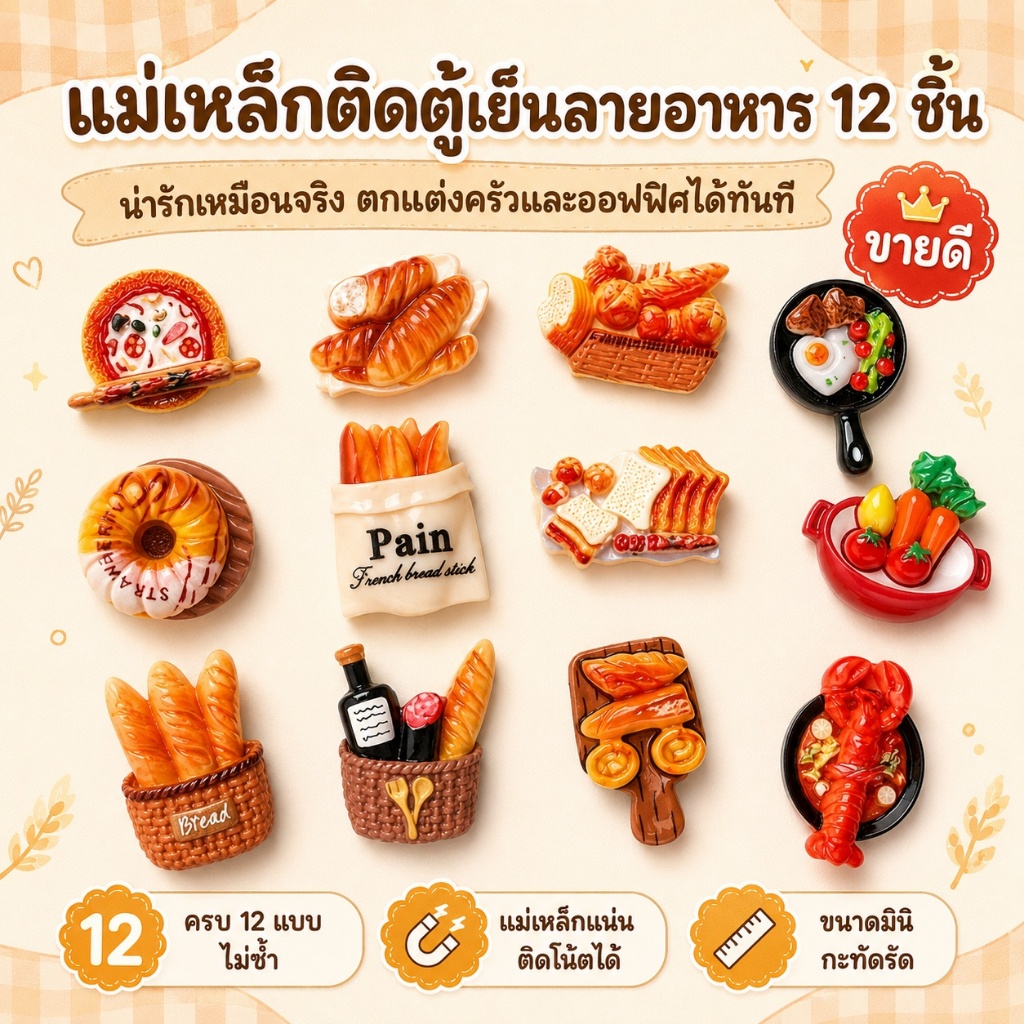 แม่เหล็กติดตู้เย็นลายขนมปัง 12 ชิ้น อาหารจิ๋ว 3D เรซิ่น ติดโน้ต แต่งครัว ออฟฟิศ ของขวัญ