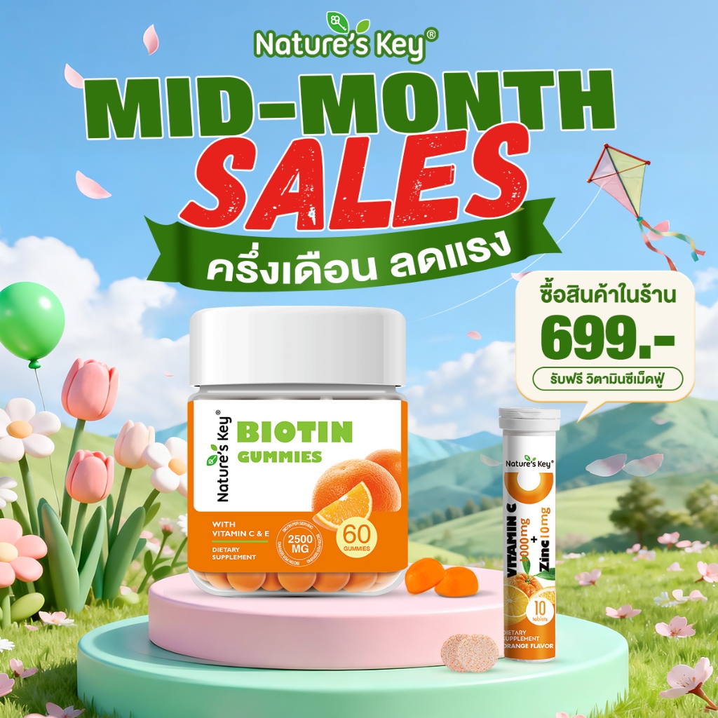 [มีอย]Nature's Key Biotin ไบโอตินรูปแบบกัมมี่ ​​ส่งเสริมการเจริญเติบโตของเส้นผมและเล็บ ผิวสวยใส บำรุงผม ผมร่วง ผมบาง