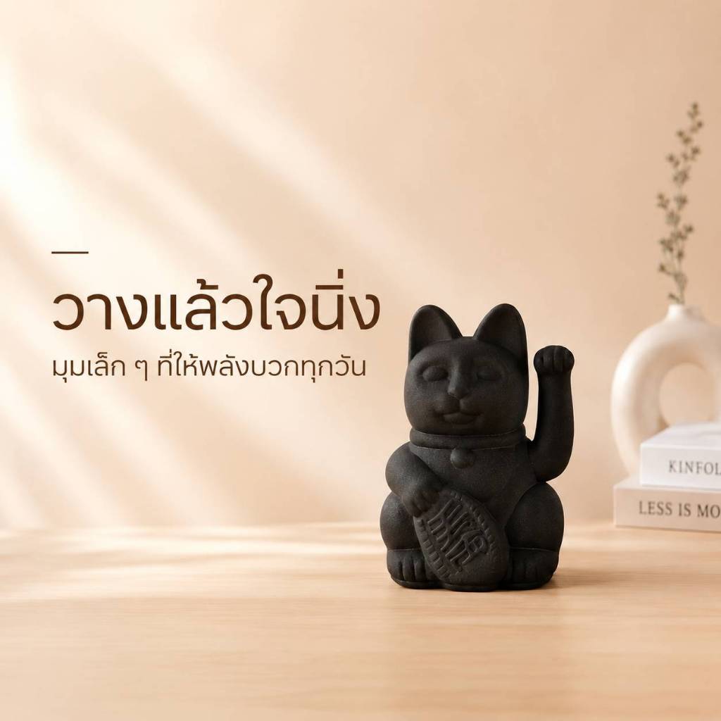 แมวกวักสีดำ Minimal Style | Maneki Neko โมเดิร์นมินิมอล 3 ขนาด |4/5/6 นิ้ว  ของแต่งโต๊ะทำงาน มุมพักใจ คาเฟ่ MUJI ZenDeco
