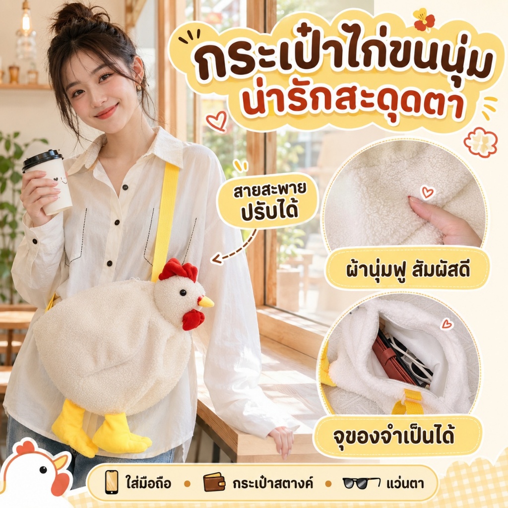 กระเป๋าตุ๊กตาไก่ขนนุ่ม สะพายข้างผู้หญิง มีซิป สายปรับได้ ใส่มือถือได้ 41x30ซม.