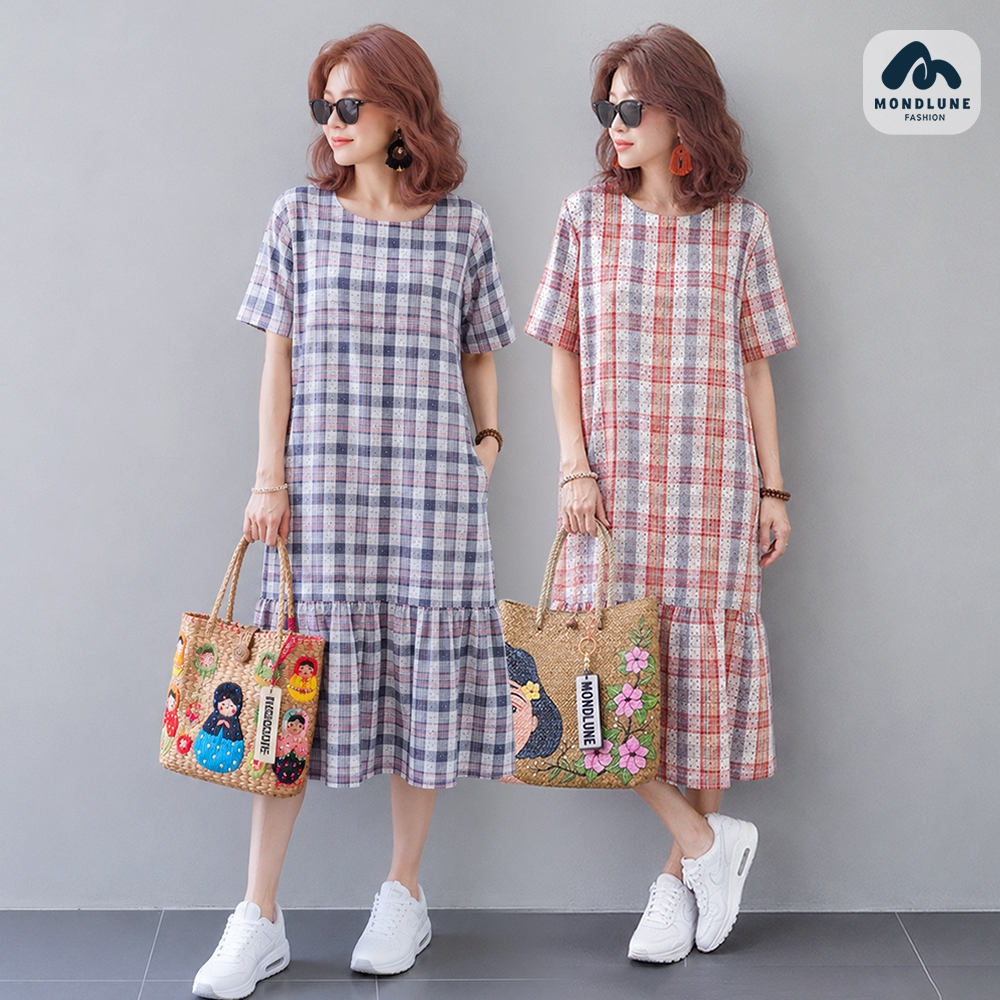 #3246 MondLune ชุดเดรสคอกลม แขนสั้น ชายระบาย มีกระเป๋าข้าง ผ้าฝ้ายผสมลินิน ลายสก๊อต ทรงสวย ใส่สบาย