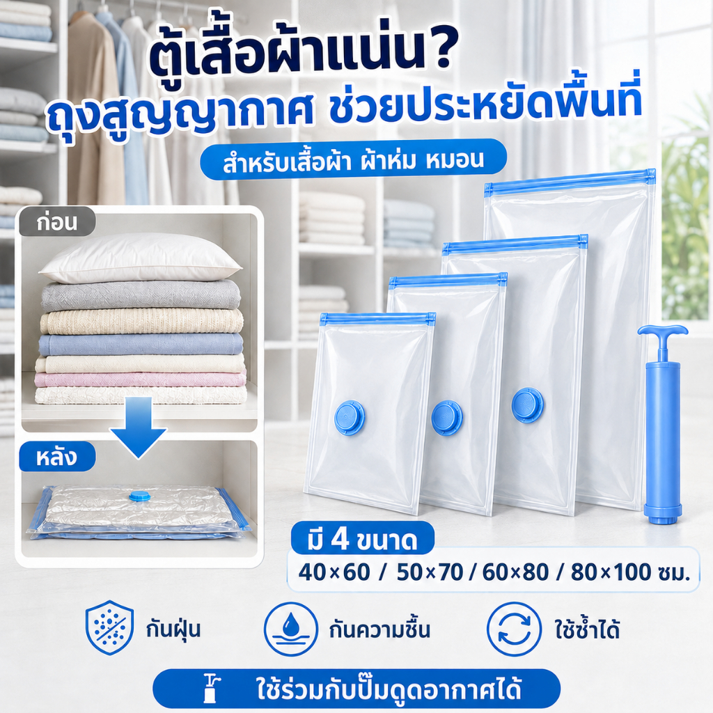 CSH ถุงสูญญากาศ ใช้ซ้ำได้ หลายขนาด ประหยัดพื้นที่ กันชื้น เหมาะสำหรับเสื้อผ้า กระเป๋า พร้อมปั้มลม