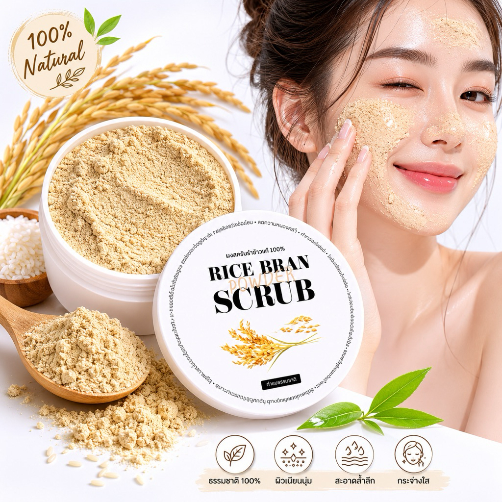 สครับรำข้าวแท้ 100% สครับผิวหน้าและผิวกาย ผลิตภัณฑ์จากธรรมชาติ สครับข้าวมีวิตามินอี (100 กรัม)