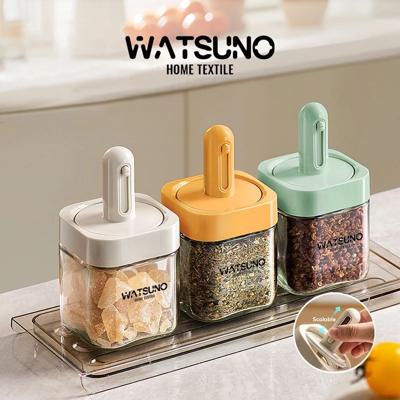 Watsuno.ขวดเครื่องปรุงพร้อมช้อน สามารถยืดหดได้ ขวดป้องกันความชื้น ขวดเครื่องปรุงทำจากแก้วหนาพิเศษ