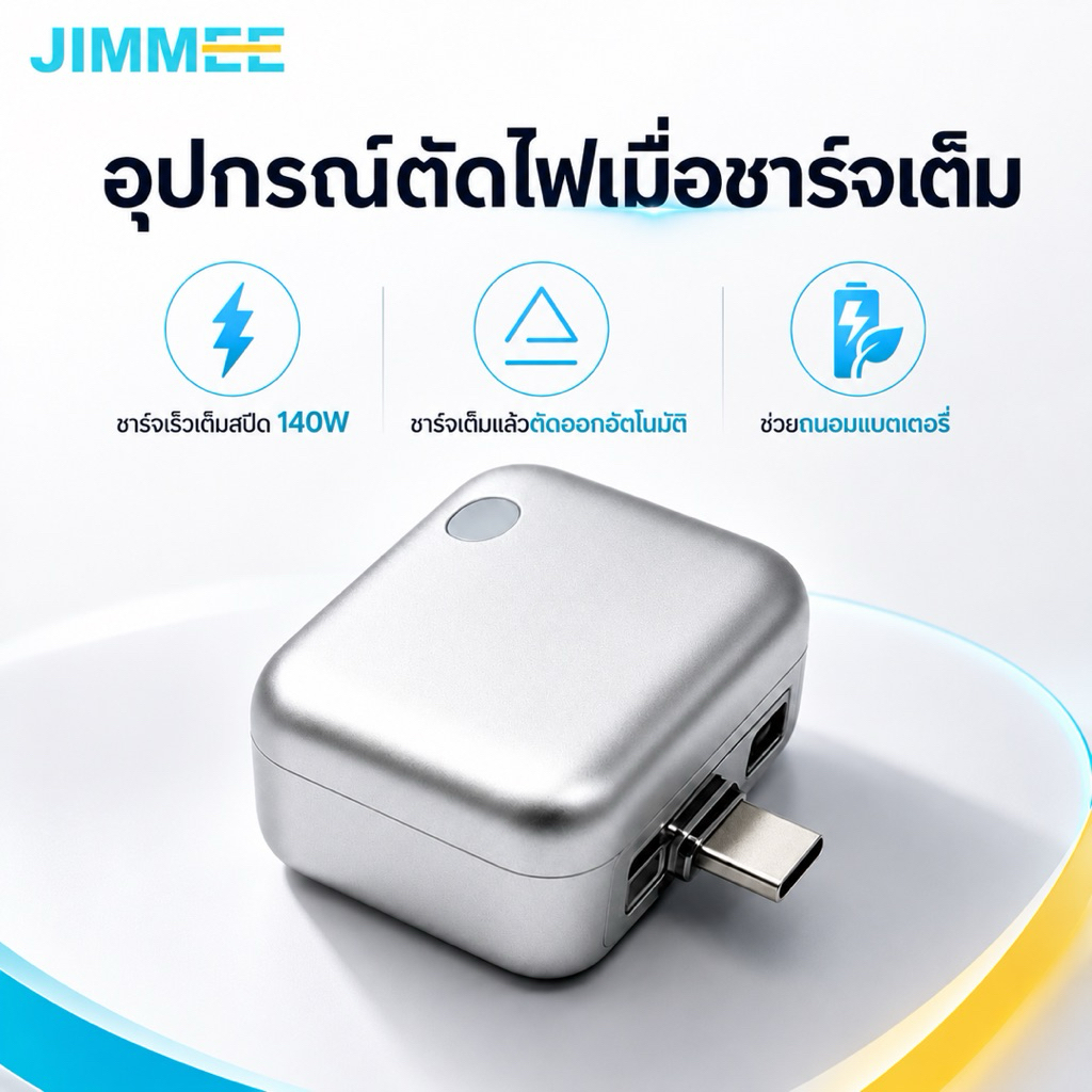 JIMMEE ตัวตัดไฟชาร์จอัจฉริยะ Type-C 140W ชาร์จเต็มตัดไฟอัตโนมัติ ใช้กับมือถือ แท็บเล็ต โน้ตบุ๊ก