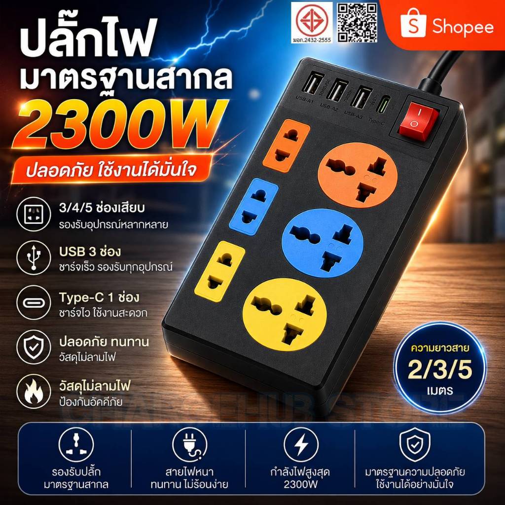 【รับประกัน 5 ปี】ปลั๊กพ่วงมี 2300W ปลั๊กพ่วงอเนกประสงค์ พร้อมช่อง USB + PD 3 ช่อง ชาร์จไว ปลั๊กไฟหลายช่อง สายยาว 2M/3M/5M