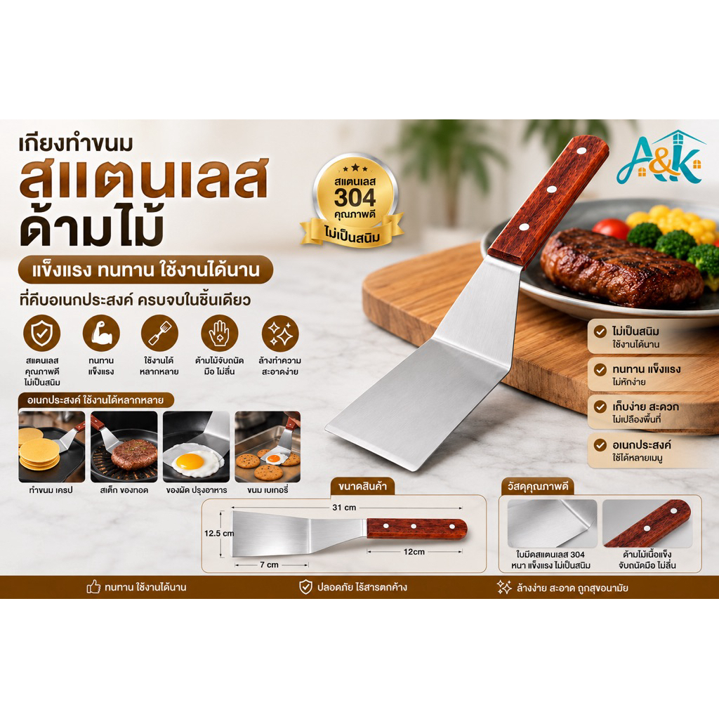 A&k family shop เกียงสแตนเลสทำขนม/ตะหลิวเทปันยากิ NF1049