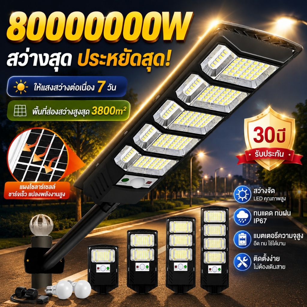 【รับประกัน10ปี】โซล่าเซลล์ ไฟถนน 16000W ไฟถนนโซล่าเซลล์ ไฟโซล่าเซลล์ Solar Light IP67กันน้ำป้องกันฟ้าผ่า แสงสีขาว