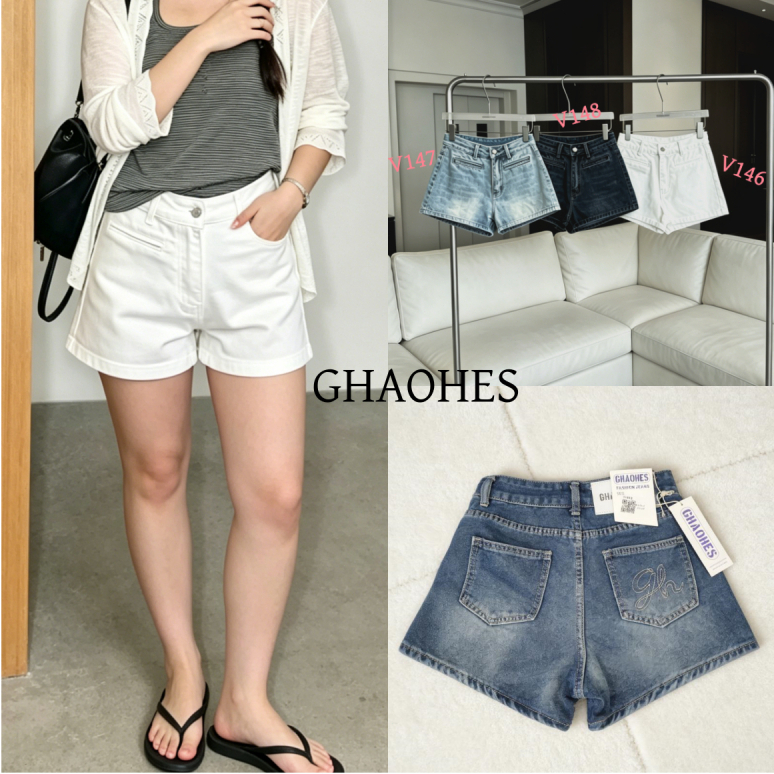 GHAOHES กางเกงขาสั้นยีนส์ไซส์ใหญ่สำหรับฤดูร้อน ดีไซน์เอวสูงเก็บพุง มี 3 สี เหมาะสำหรับสาวไซส์ใหญ่