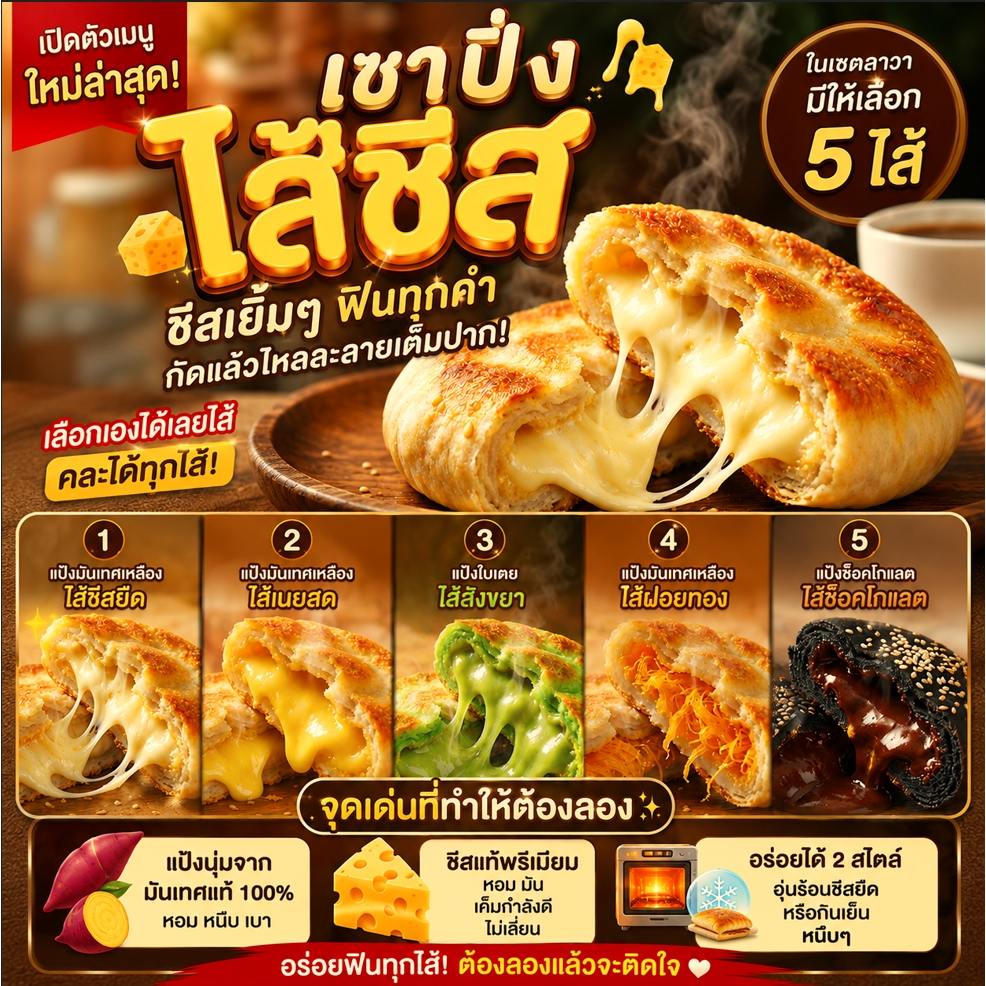 เปี๊ยะนุ่มลาวาสุดล้ำ 5 รสชาติ! แป้งนุ่มละมุน ไส้ลาวาเยิ้มๆ พร้อม ชีสยืดพรีเมียม หวานน้อยแต่อร่อยหนัก