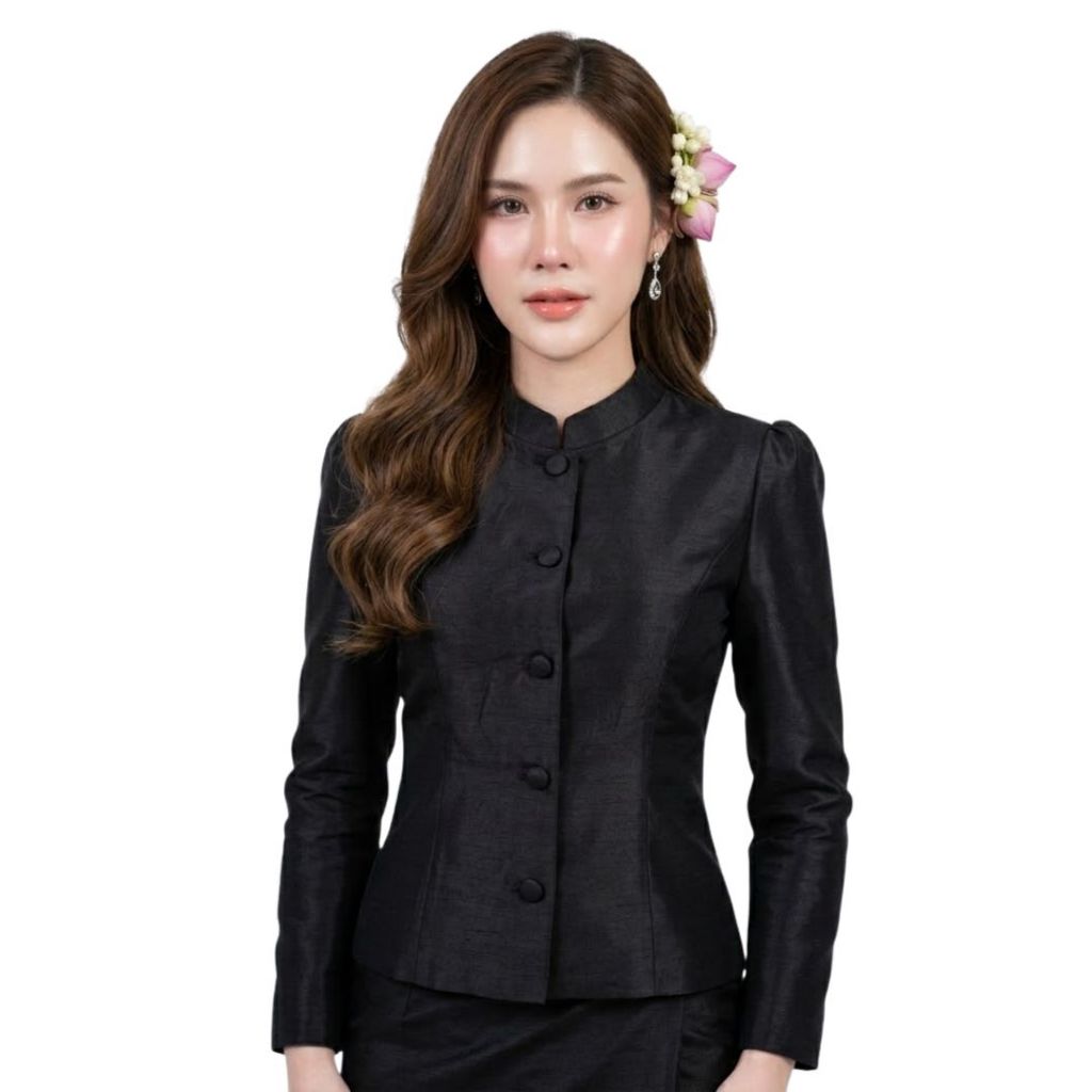 เสื้อจิตลดาผ้าไหมสี่เส้น สีดำ คอจีนแขนยาว เสื้อทำงาน เสื้อชุดไทยประยุกต์ ชุดไทยสุภาพ เสื้อไซส์ใหญ่ อก34-46นิ้ว [M5]