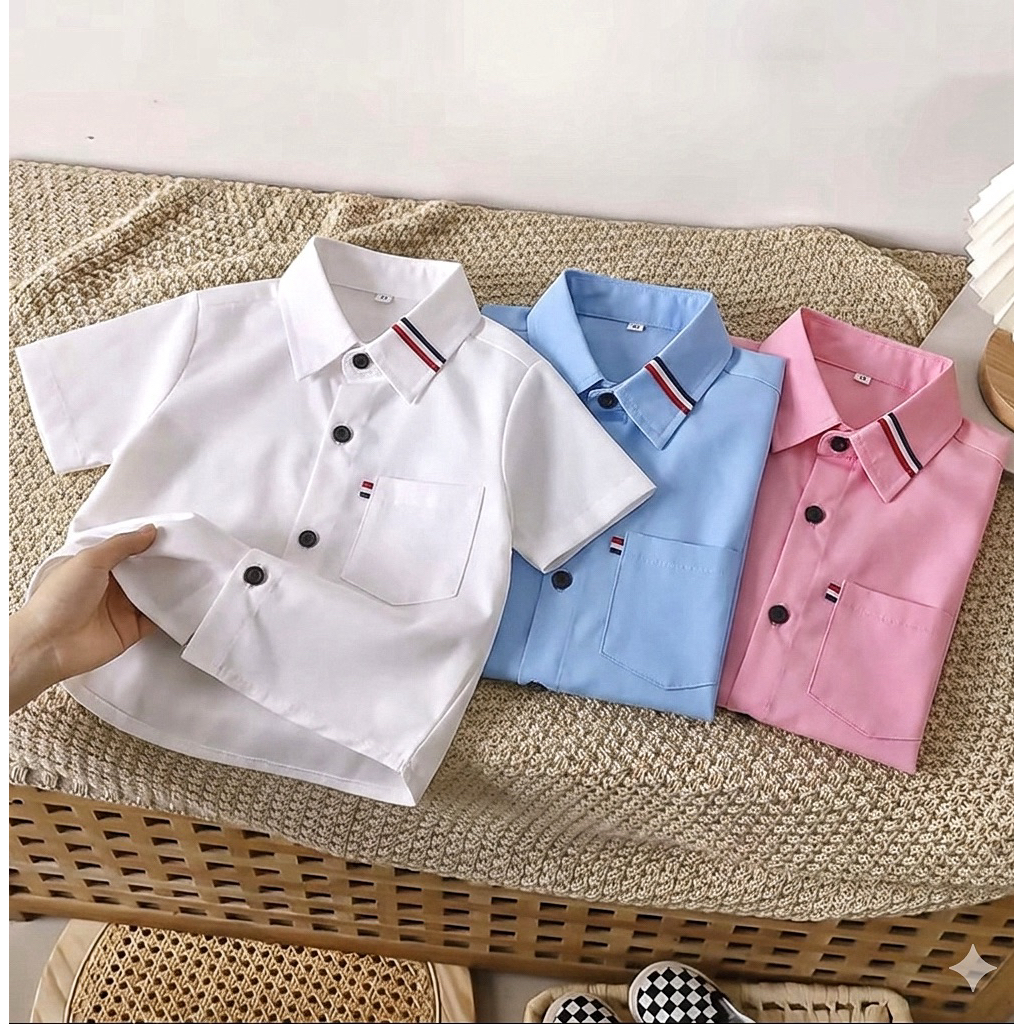 เสื้อเชิ้ตเด็กผู้ชายแขนสั้นแต่งริบบิ้นปกข้าง ผ้่าคอตตอนเกรดดีน่ารักๆ ส่งจากไทย