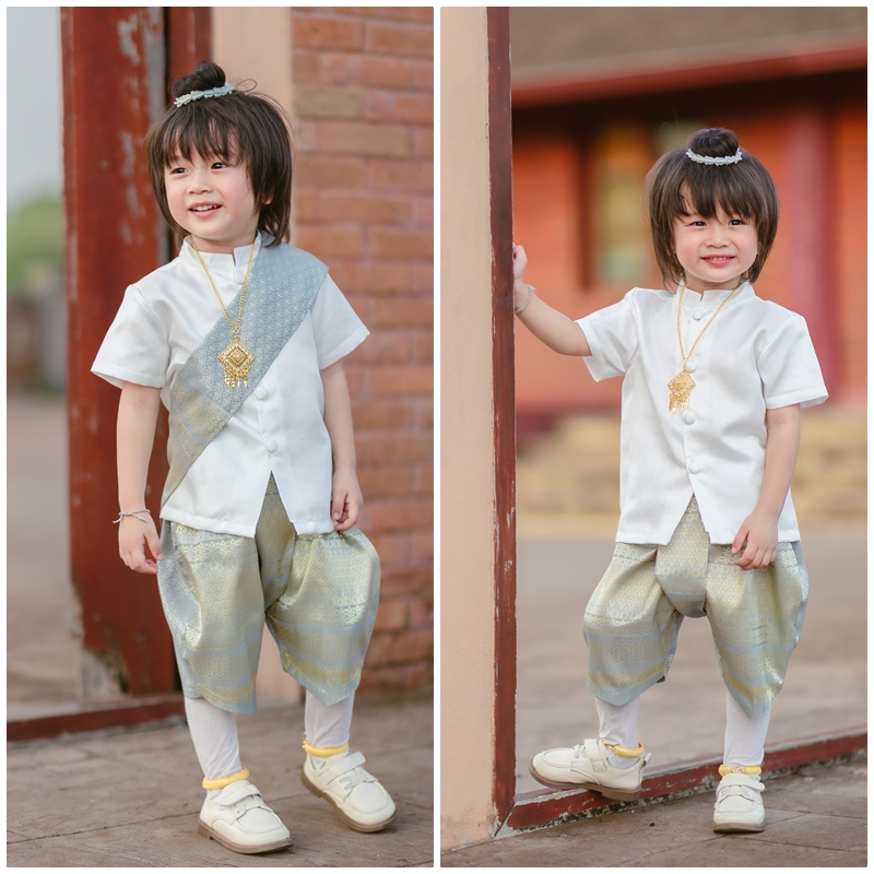 ชุดไทยเด็กชายแขนสั้น+ผ้าพาด สีครีมเทาทอง โจงกระเบนผ้าไหมทอ สง่างาม