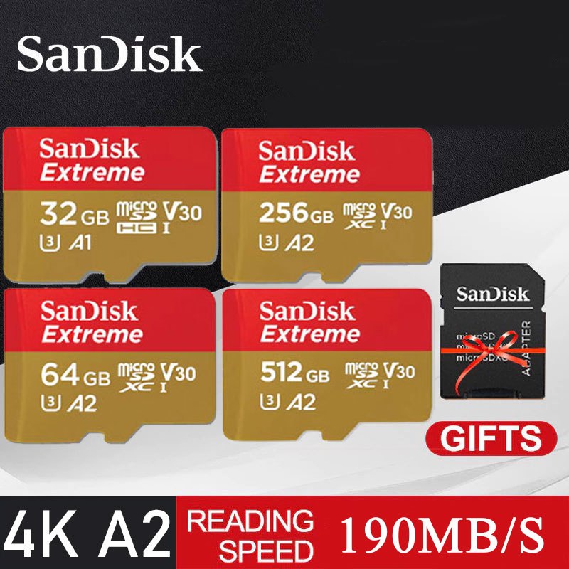 การ์ดหน่วยความจํา SanDisk Extreme MicroSD A2 V30 190MB/s เหมาะสําหรับเครื่องบ32GB/64GB/128GB/256GB/512GB/1TB