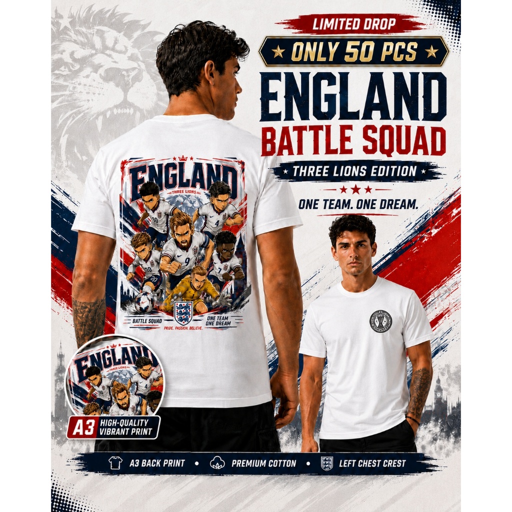 เสื้อยืดลายฟุตบอล Football Art Tee England  ลายหลังใหญ่ A3 DTF Limited 50 pcs