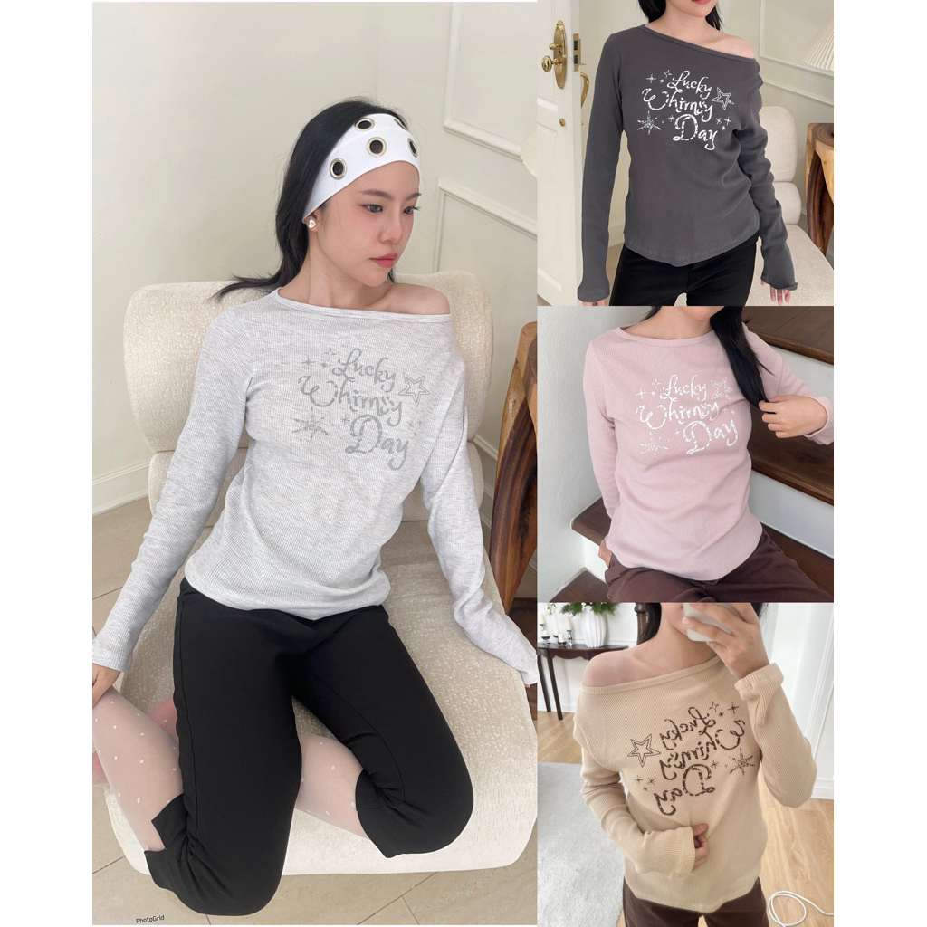 (พร้อมส่ง✅)HASU68 whimsy long sleeve top เสื้อแขนยาวคอกลม/ปาดไหล่สกรีนลาย (happysummer.bkk)