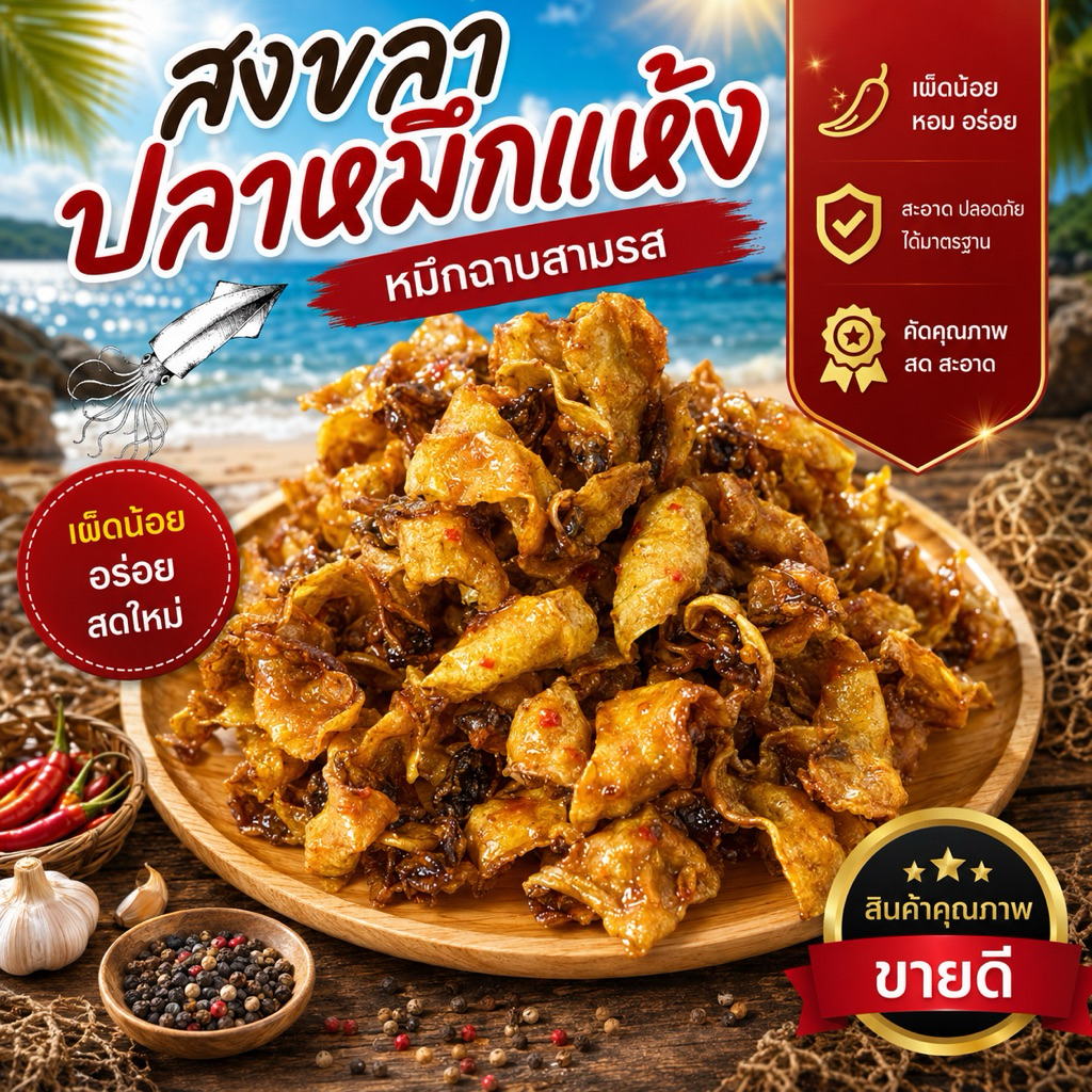 ปลาหมึกปรุงรส หมึกสามรส หอม หวาน เผ็ดน้อย ทำสด ใหม่ แปรรูปจากหมึกกล้วยตากแห้ง อร่อย ทานเพลิน