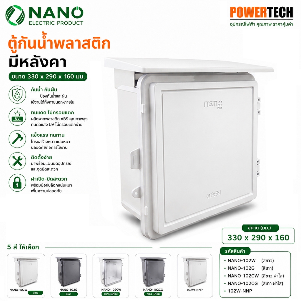 NANO 102W 102ตู้พลาสติก  ตู้กันน้ำ ตู้ไฟ มีหลังคา สีขาว ขนาด328x160x322mm