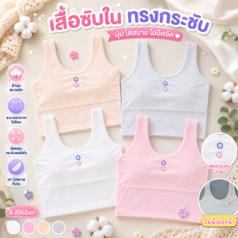 เสื้อซับในเด็กผู้หญิงสายเดี่ยว ซับรอง 2 ชั้น ไม่มีฟองน้ำ เสื้อซํบสีขาว ชมพู ครีม เทา ผ้ายืด ฟรีไซส์