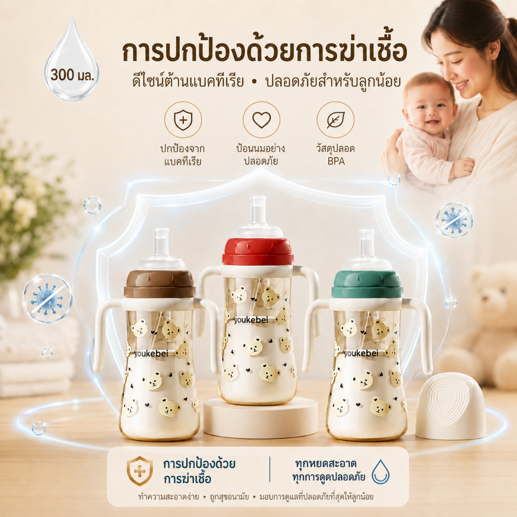 300ML PPSU ขวดนมเด็ก ขวดนมมินิมอลสีชาคอกว้าง รูปแบบการ์ตูนน่ารัก ป้องกันท้องอืด เหมาะสำหรับเด็กอายุมากกว่า 6 เดือน