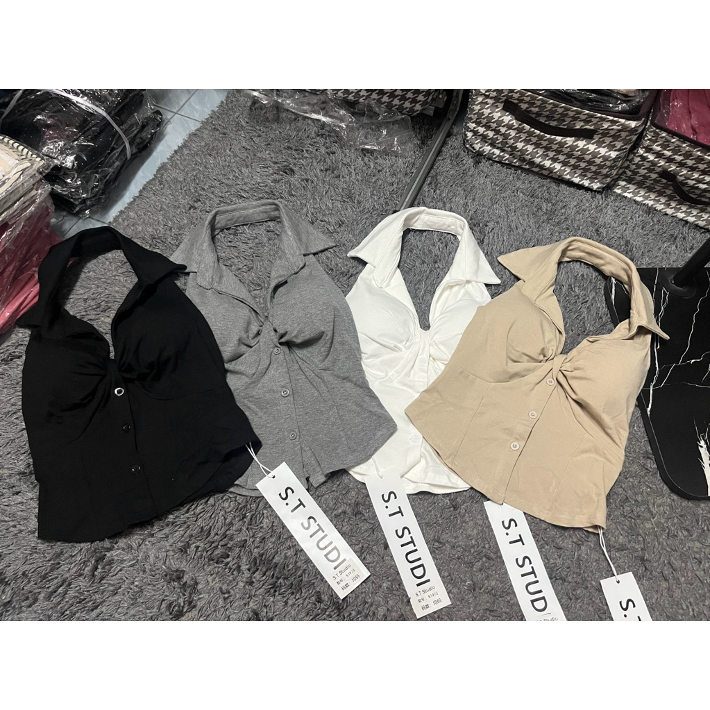 พร้อมส่ง•เสื้อคอปก ป้าย S.T.Studio เสื้อกล้าม เซ็กซี่มีบราในตัว✨