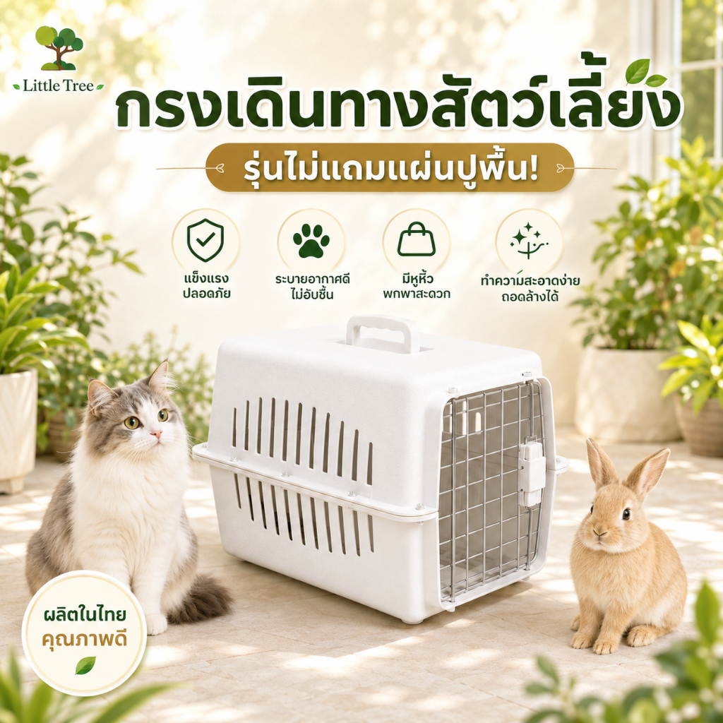 กรงเดินทางสัตว์เลี้ยง สีขาว ไม่มีแผ่นรองพื้น ขนาดM 32x47x32 ซม.