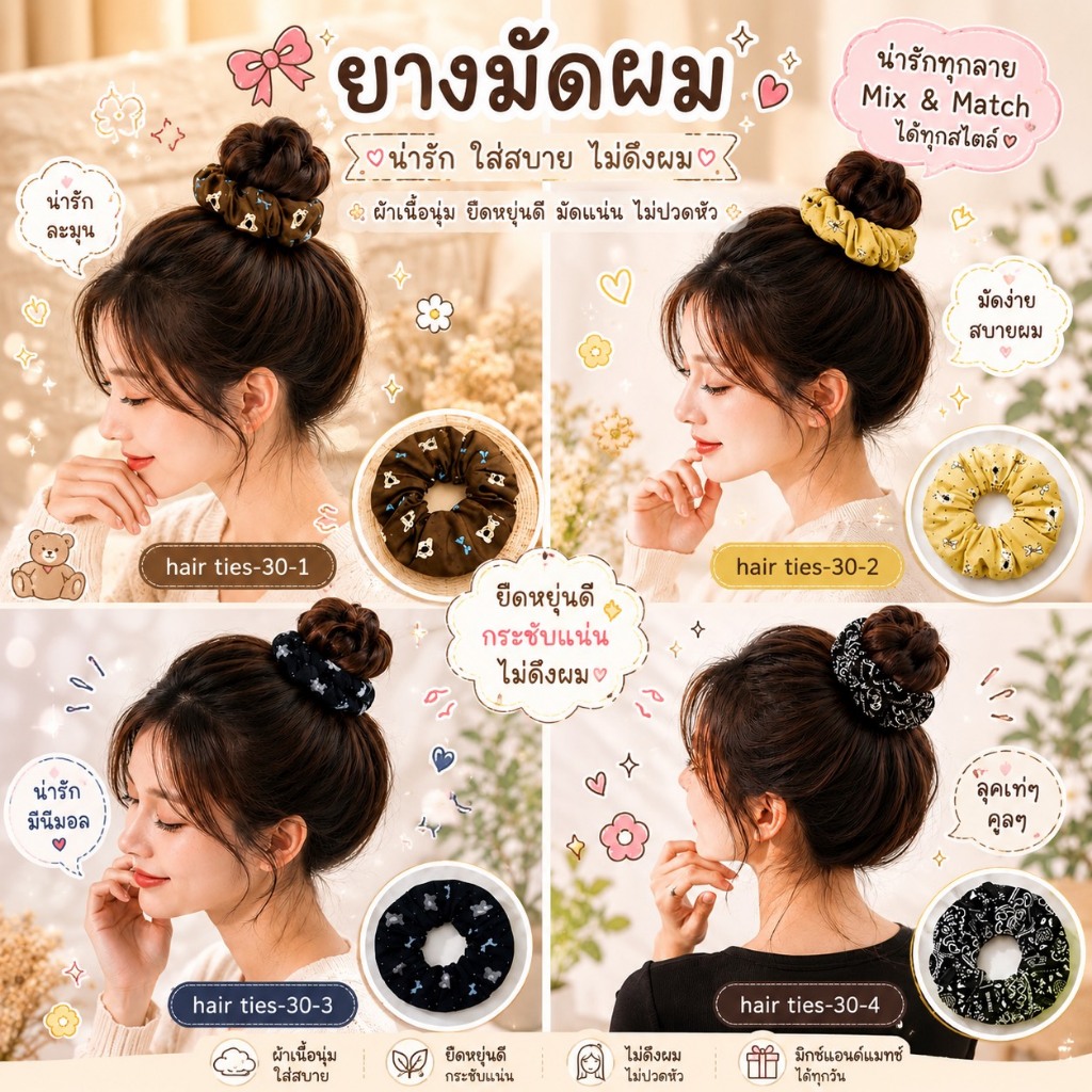 ยางมัดผมผ้านุ่มลายสัตว์สุดคิ้วท์ สไตล์หวานละมุน แมทช์ง่าย ใช้ได้ทุกโอกาส