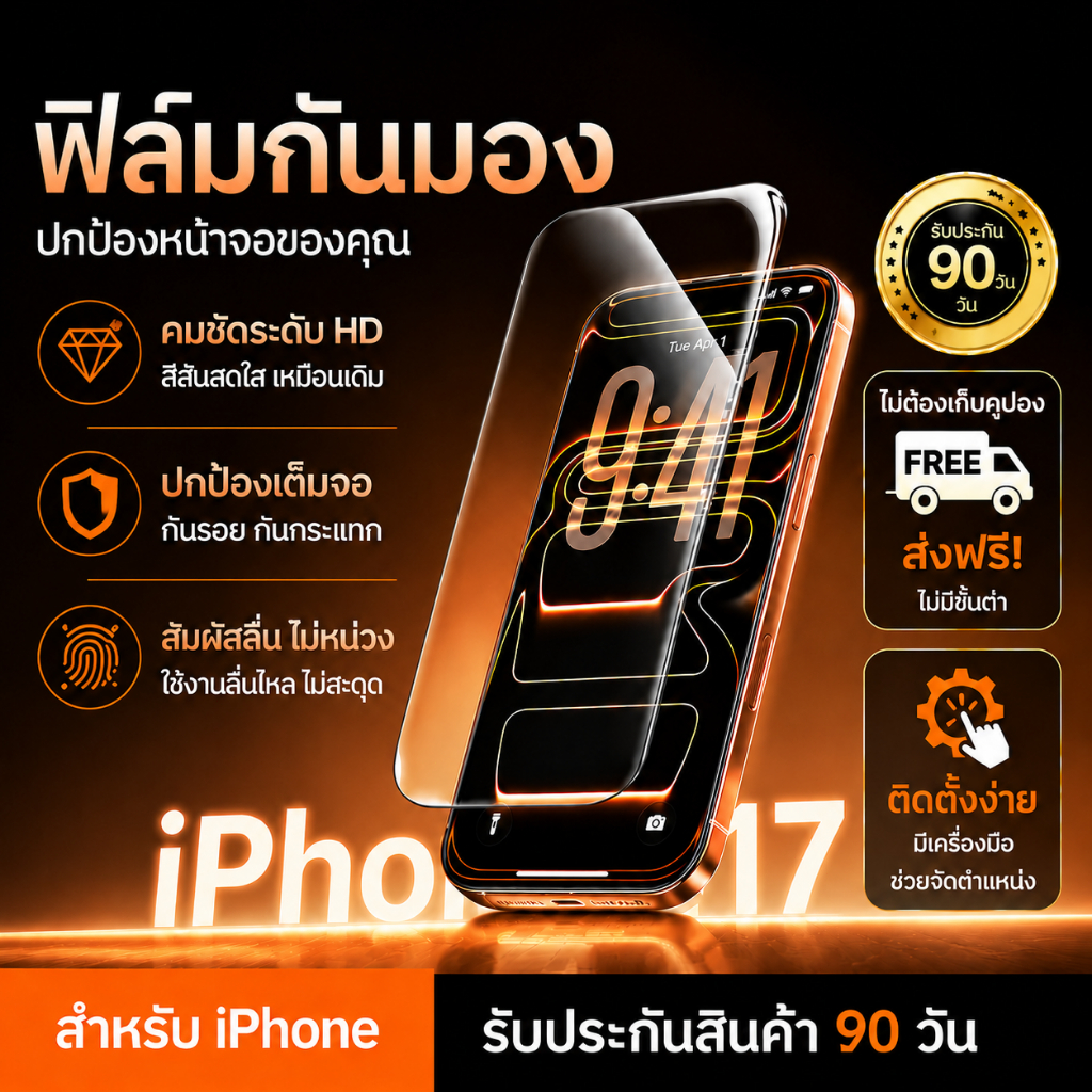 [ประกัน90วัน] ฟิล์มกระจกกันมอง iPhone 13 / 14 / 15 / 16 /17 Pro Max กันเสือก แบบเต็มจอ 3D เกรดพรีเมี่ยม เต็มจอ