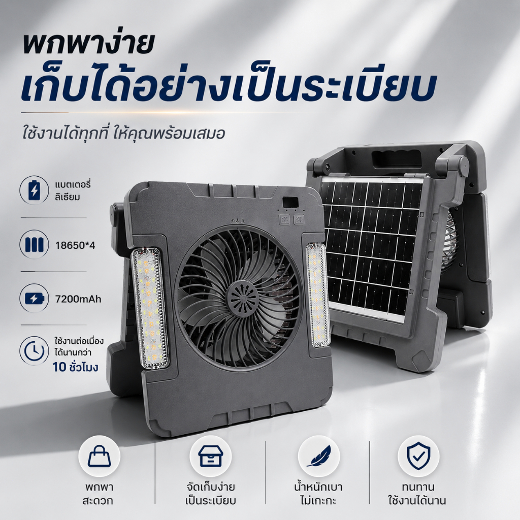 พัดลมโซล่าเซลล์ พร้อมไฟ LED แบตเตอรี่ 6000mAh พัดลมพกพา ชาร์จมือถือได้ พับเก็บได้ ใช้งานกลางแจ้ง