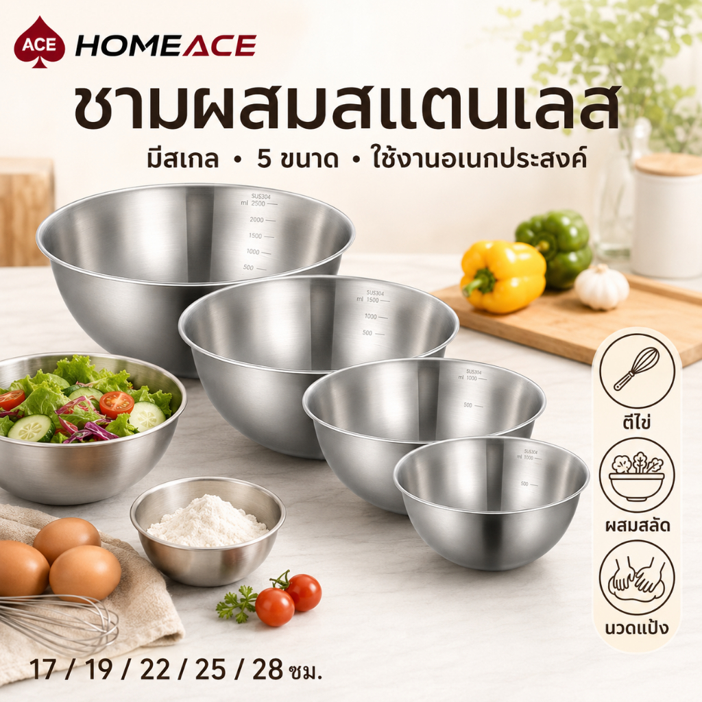 HOME ACE ชามผสมสแตนเลส มีสเกล 5 ขนาด ชามสลัด โถผสมแป้ง ชามนวดแป้ง ล้างผัก ตีไข่ ใช้งานในครัว