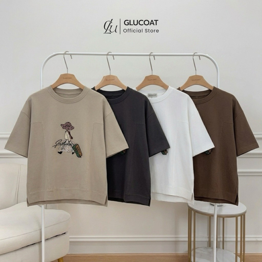 Glucoat | [A335] เสื้อยืดเเขนสั้นคอกลมสีน้ำตาล/สีครีม/สีเทา/สีขาว ปักรูปผู้หญิง